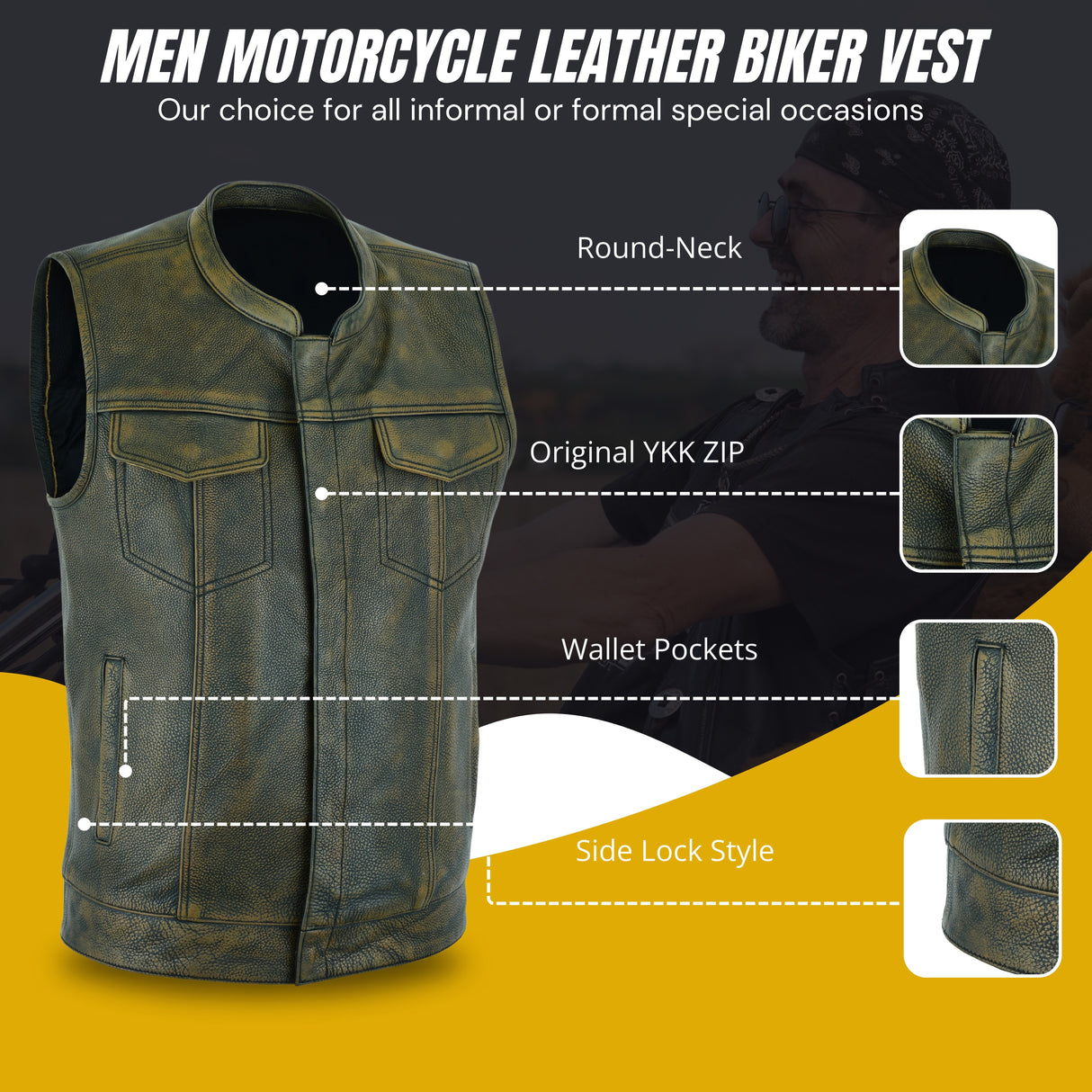 Men’s leather motorcycle vest, round neck with zip front, wallet pockets and side lock style