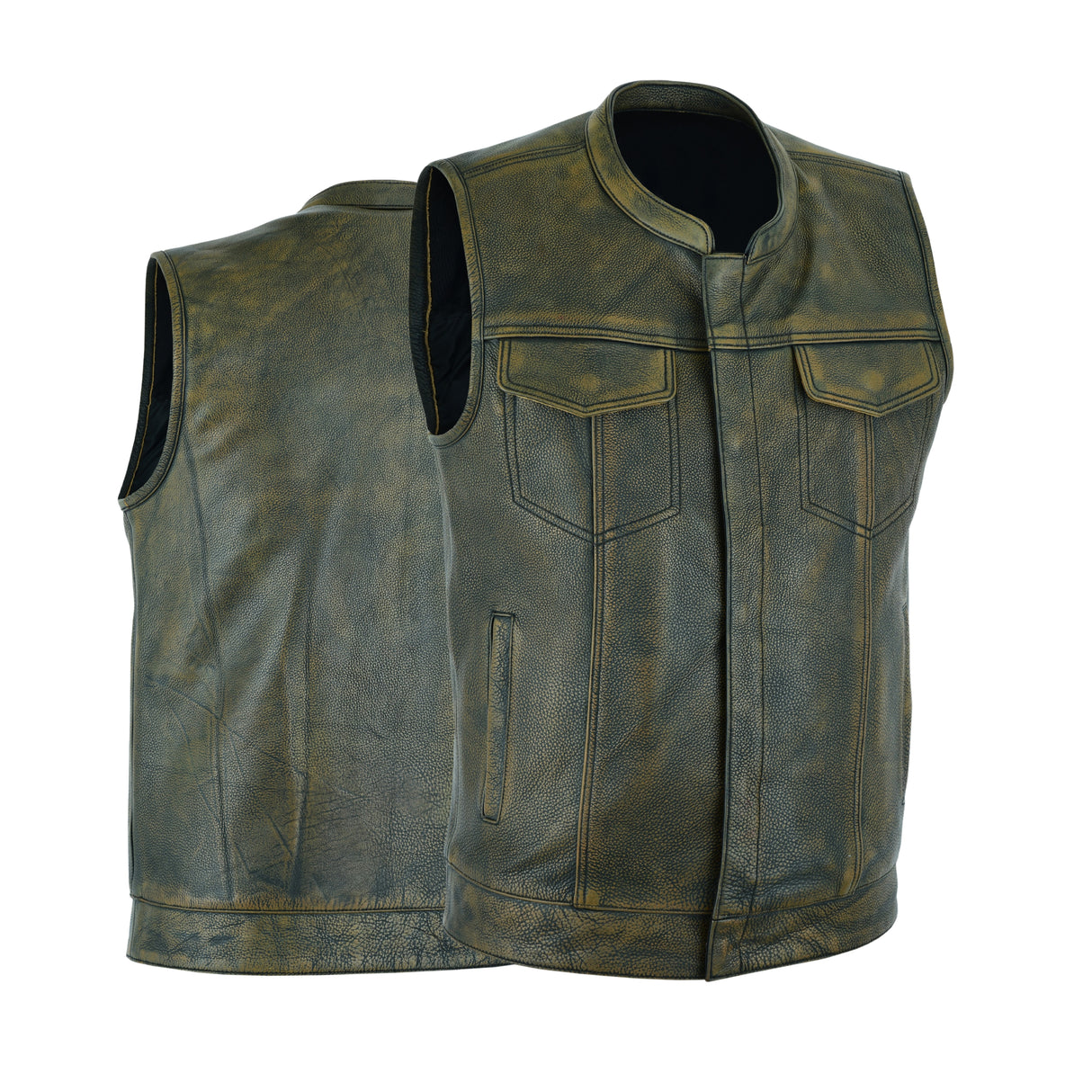 Men’s leather motorcycle vest with open neck, front zip, two chest pockets and side slant pockets