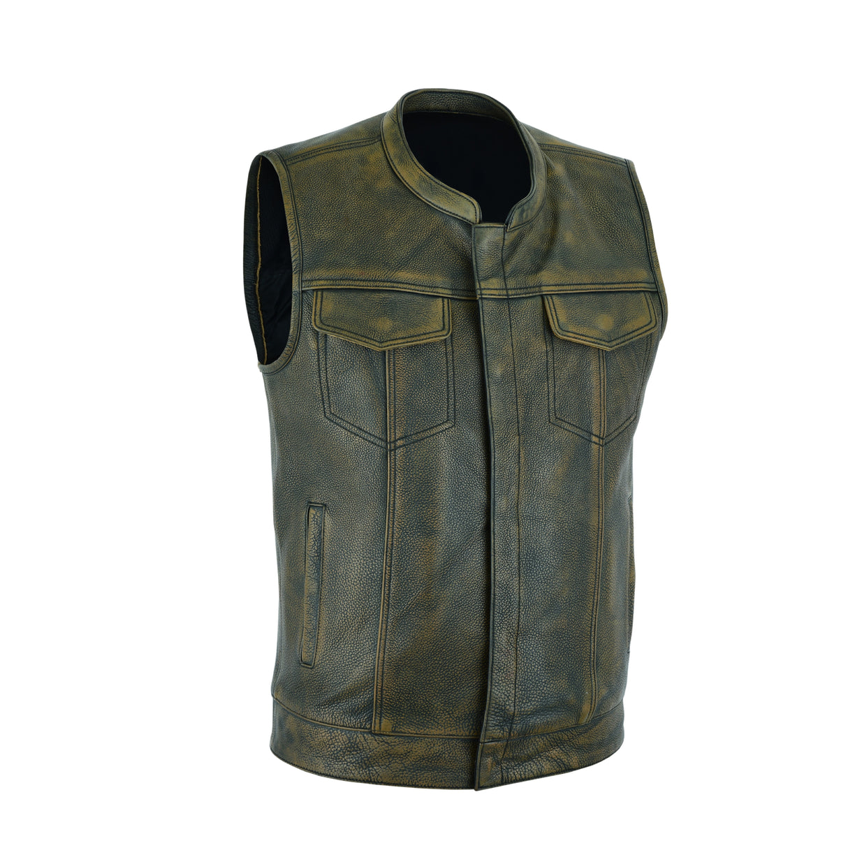 Men’s leather motorcycle vest front view, open round neck, zip closure, chest pockets and slit pocket