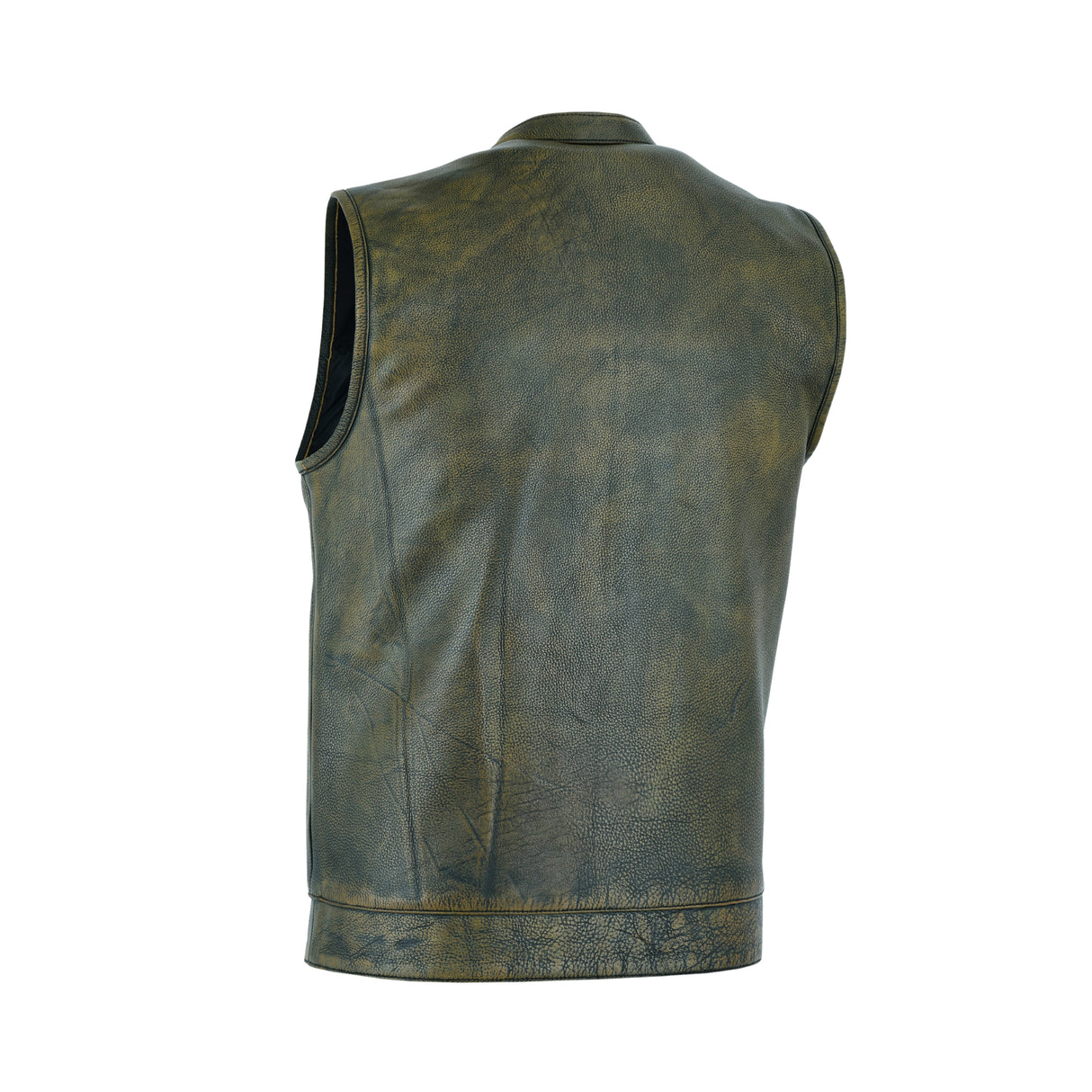 Men’s leather motorcycle vest back view, open round collar, seams and bottom hem detail