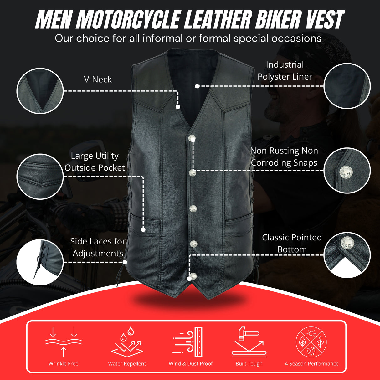 Men's Black Side Lace Basic Style Motorcycle Leather Vest.