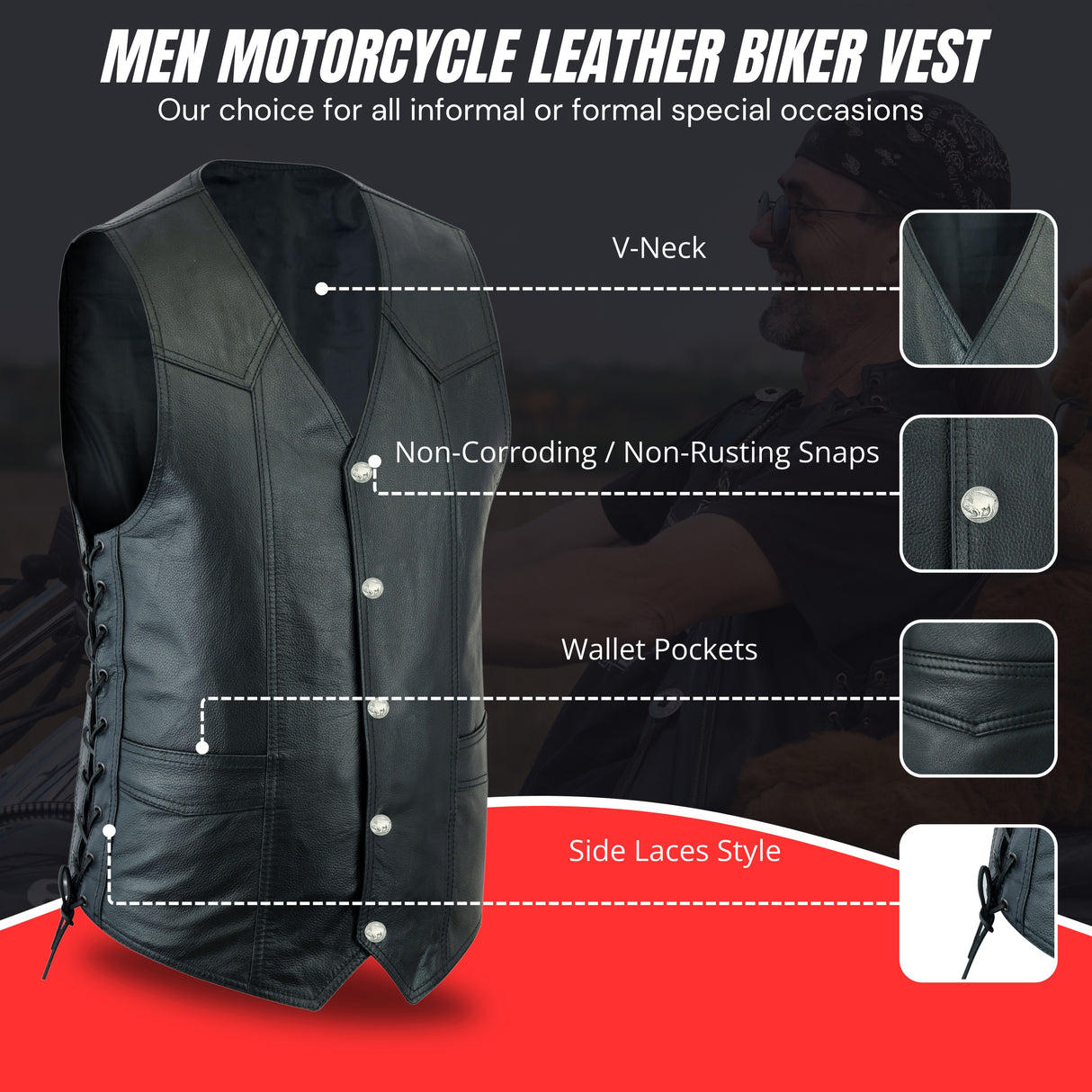 Men's Black Side Lace Basic Style Motorcycle Leather Vest.