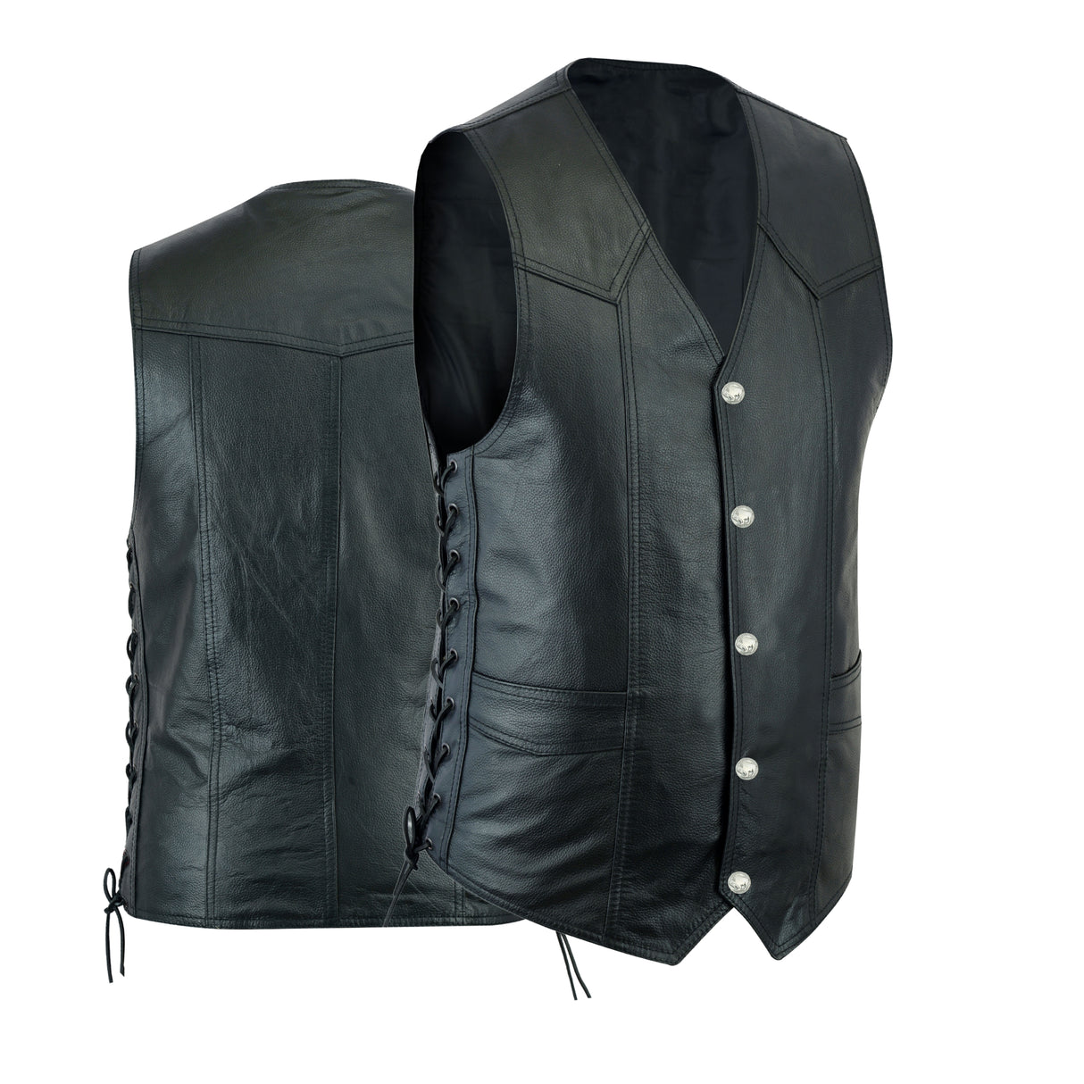 Men's Black Side Lace Basic Style Motorcycle Leather Vest.