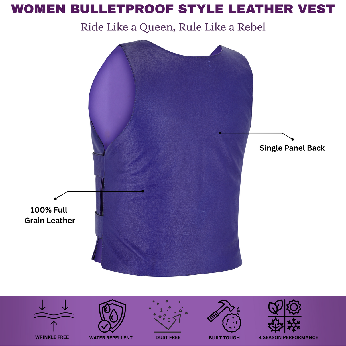 Passionate Purple Women Bullet Proof style Leather Motorcycle Vest-bikers Club
