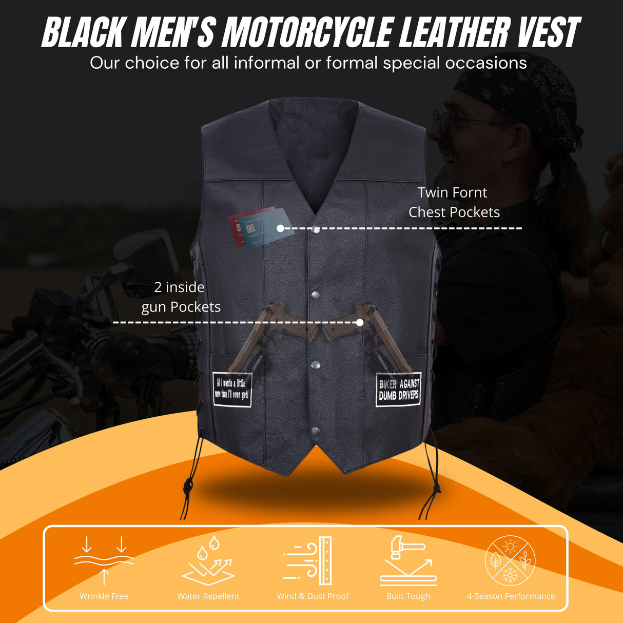 Men's black leather biker vest, front with two gun pockets and side lace closures