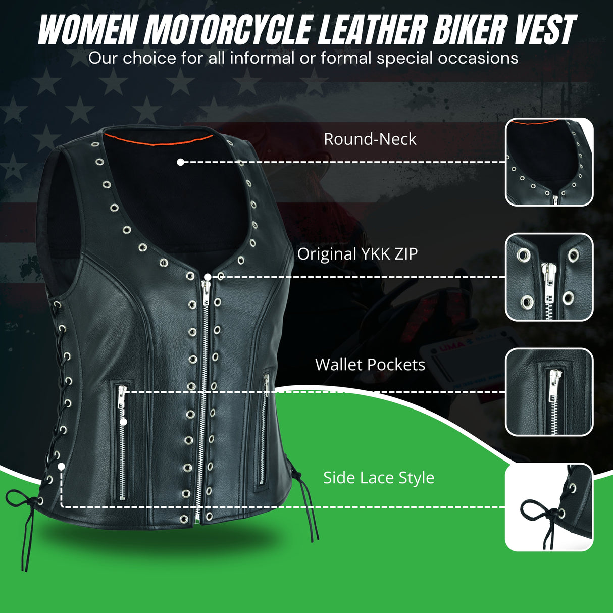 WCWV28641 Eyelet Women's Eyelet Leather Vest - Longer Length