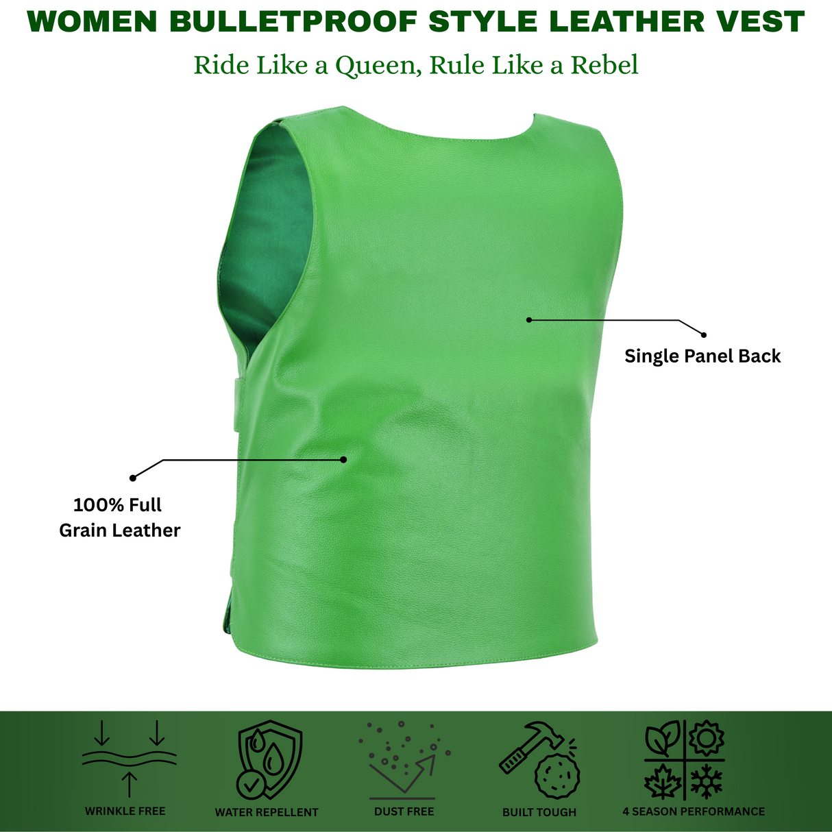 WCWV54941Green WOMEN Bulletproof Style Leather vest designs for Bikers Clubs
