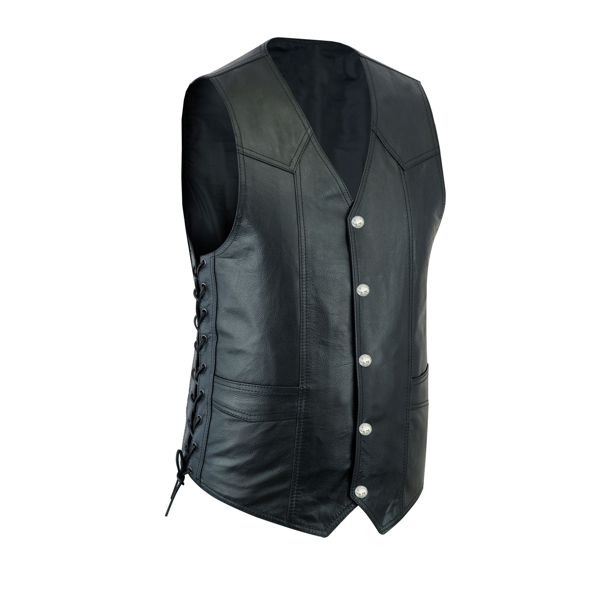 Men's Black Side Lace Basic Style Motorcycle Leather Vest.