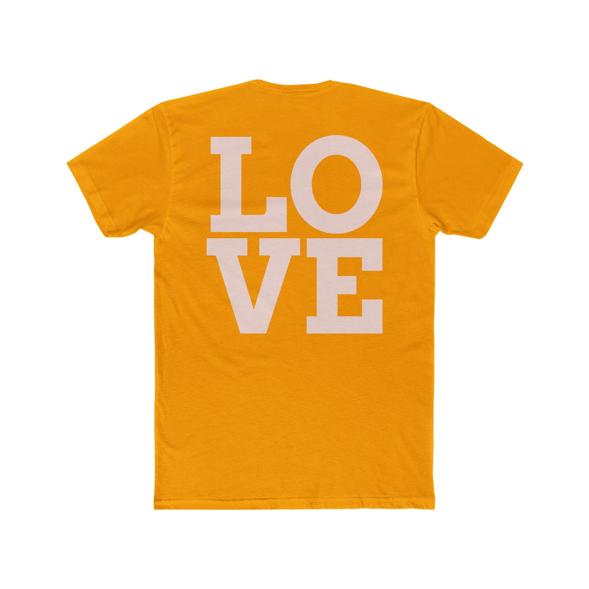 Gold crew neck tee with large LOVE graphic on the front
