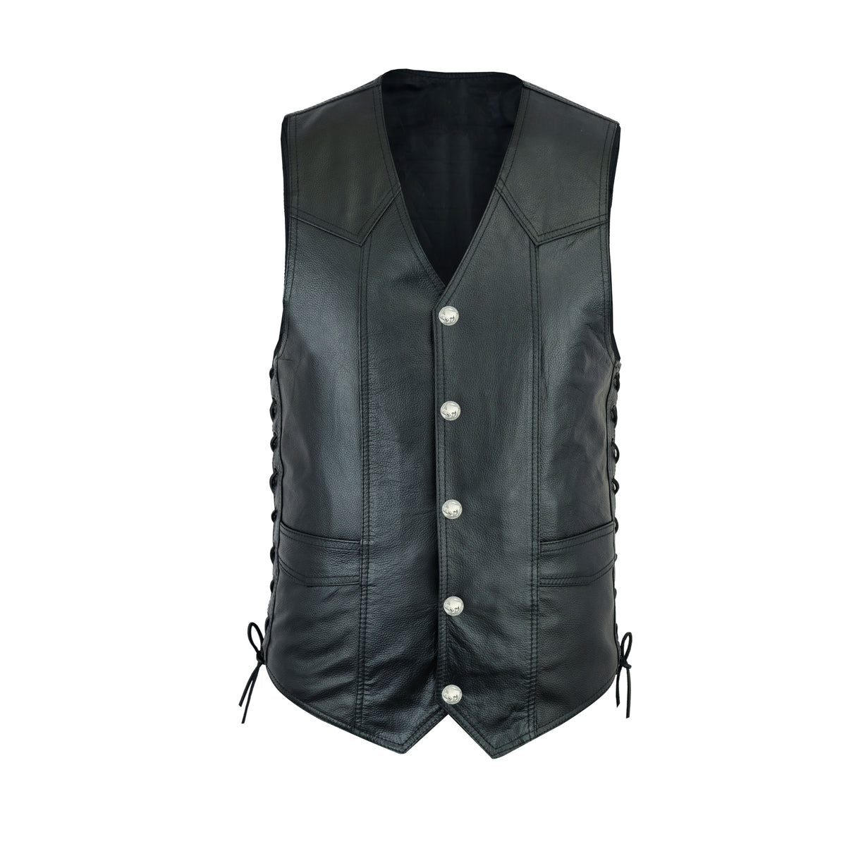 Men's Black Side Lace Basic Style Motorcycle Leather Vest.