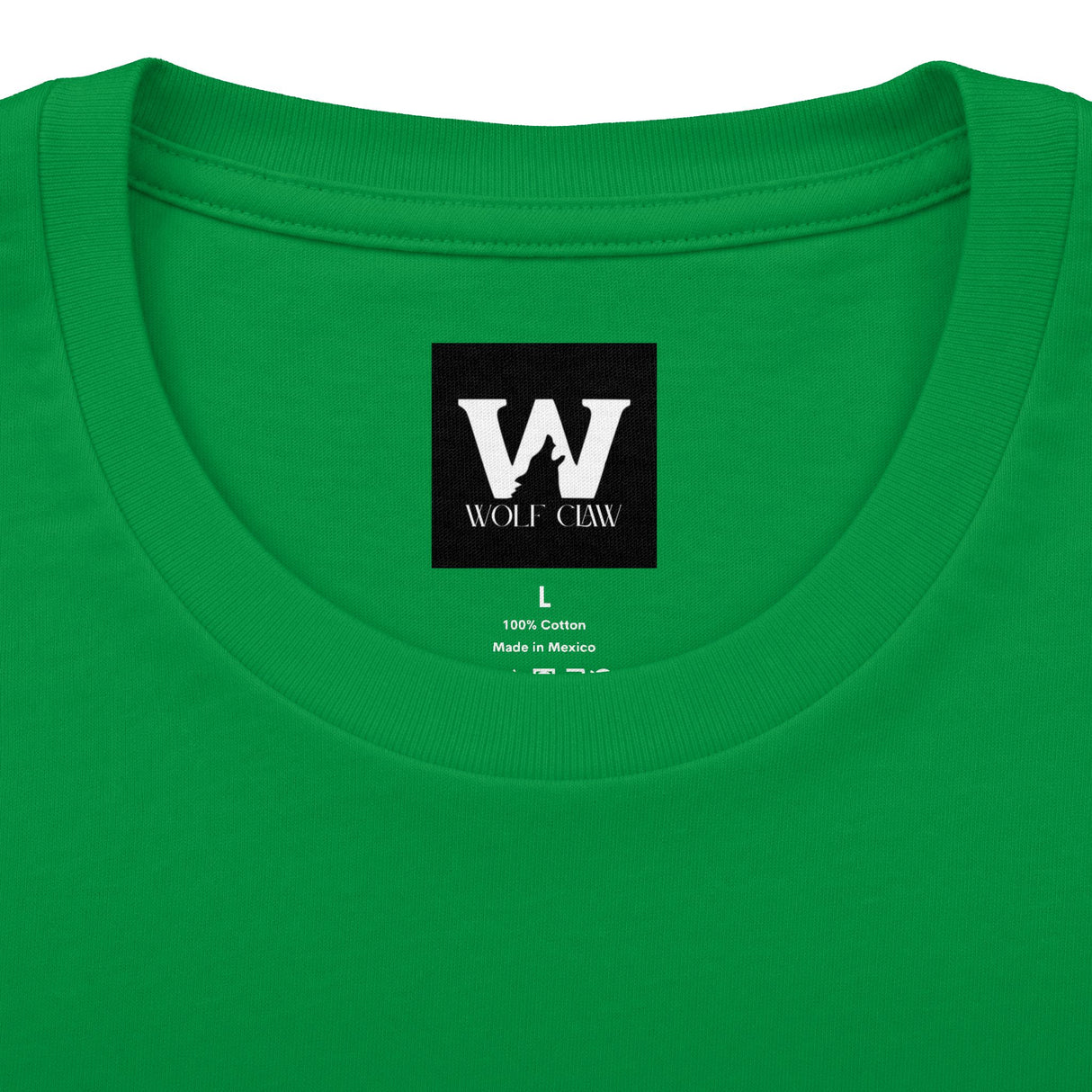 Green crew tee with WOLF CLAW logo on the chest, size L.