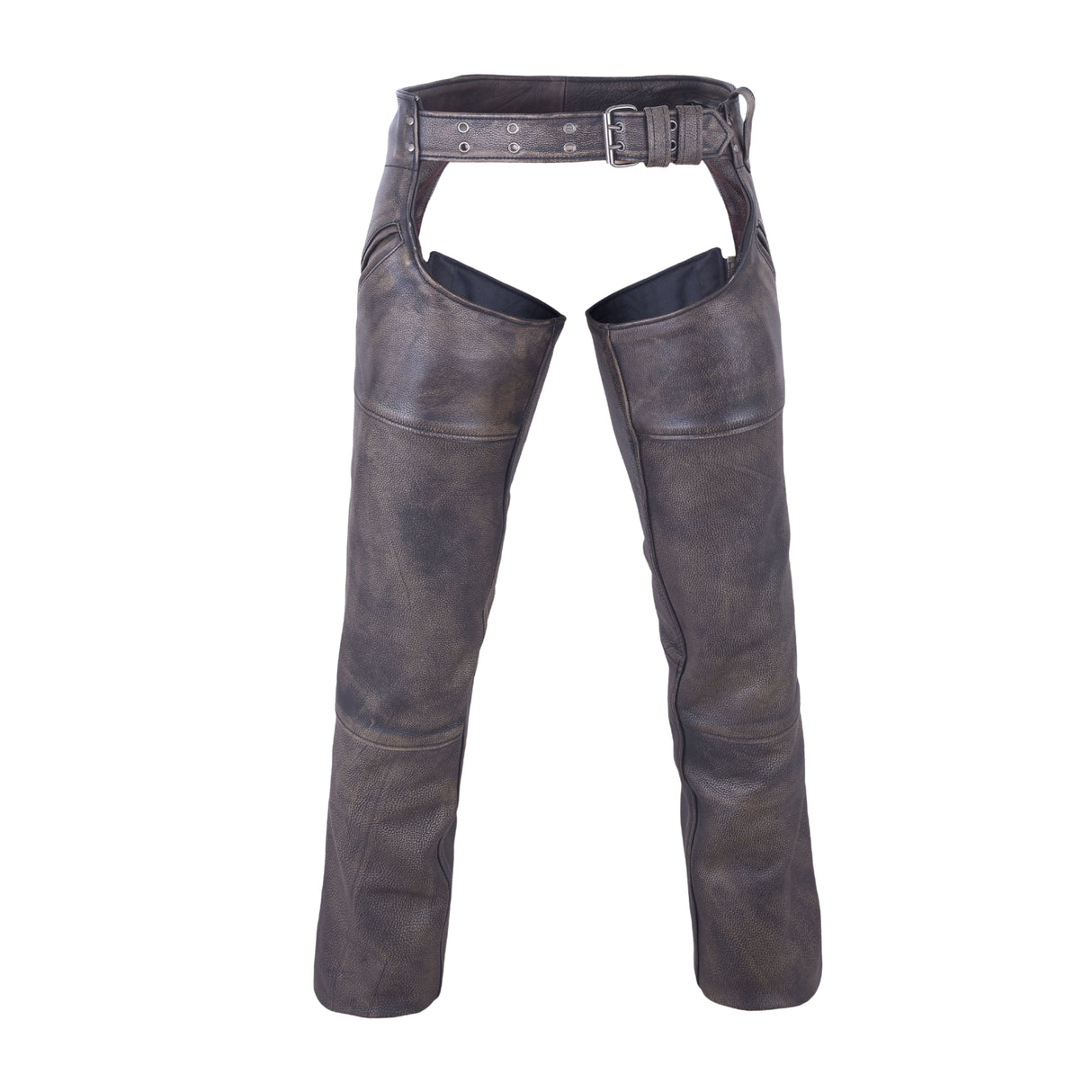 Distressed brown buffalo leather motorcycle chaps