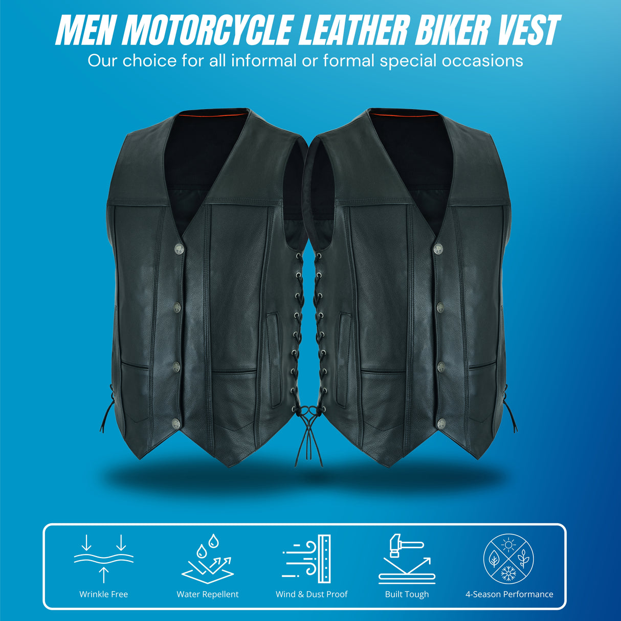 Men Motorcycle Covington Gun Pocket, Side Lace Leather Vest