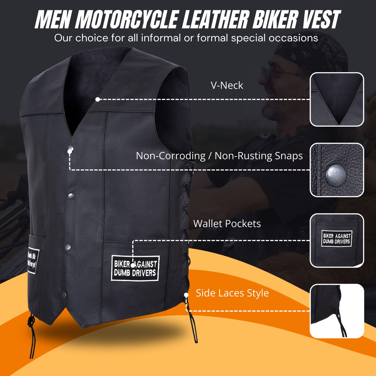 Men's black leather biker vest, V-neck front with snaps, wallet pockets, side lace style