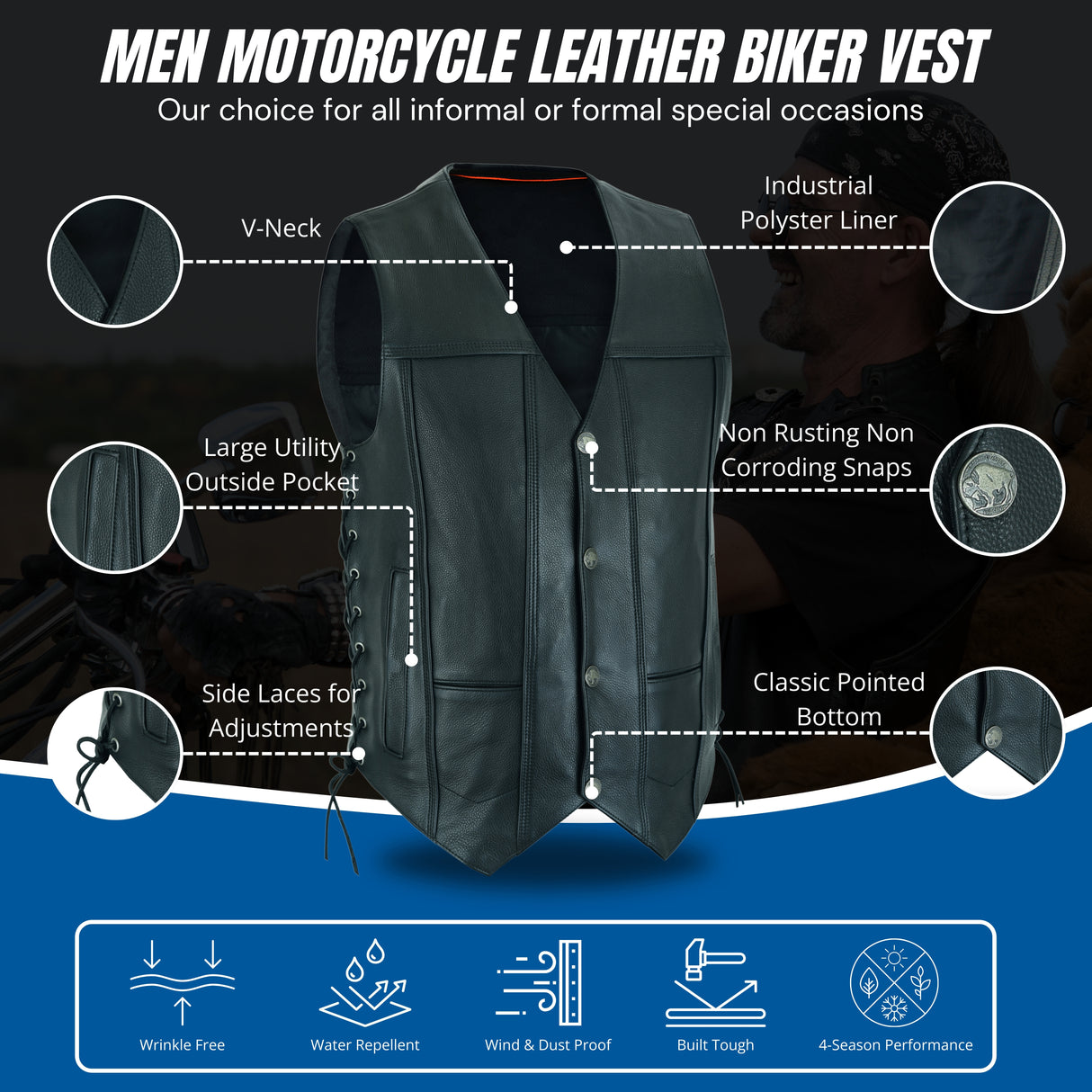 Men Motorcycle Covington Gun Pocket, Side Lace Leather Vest