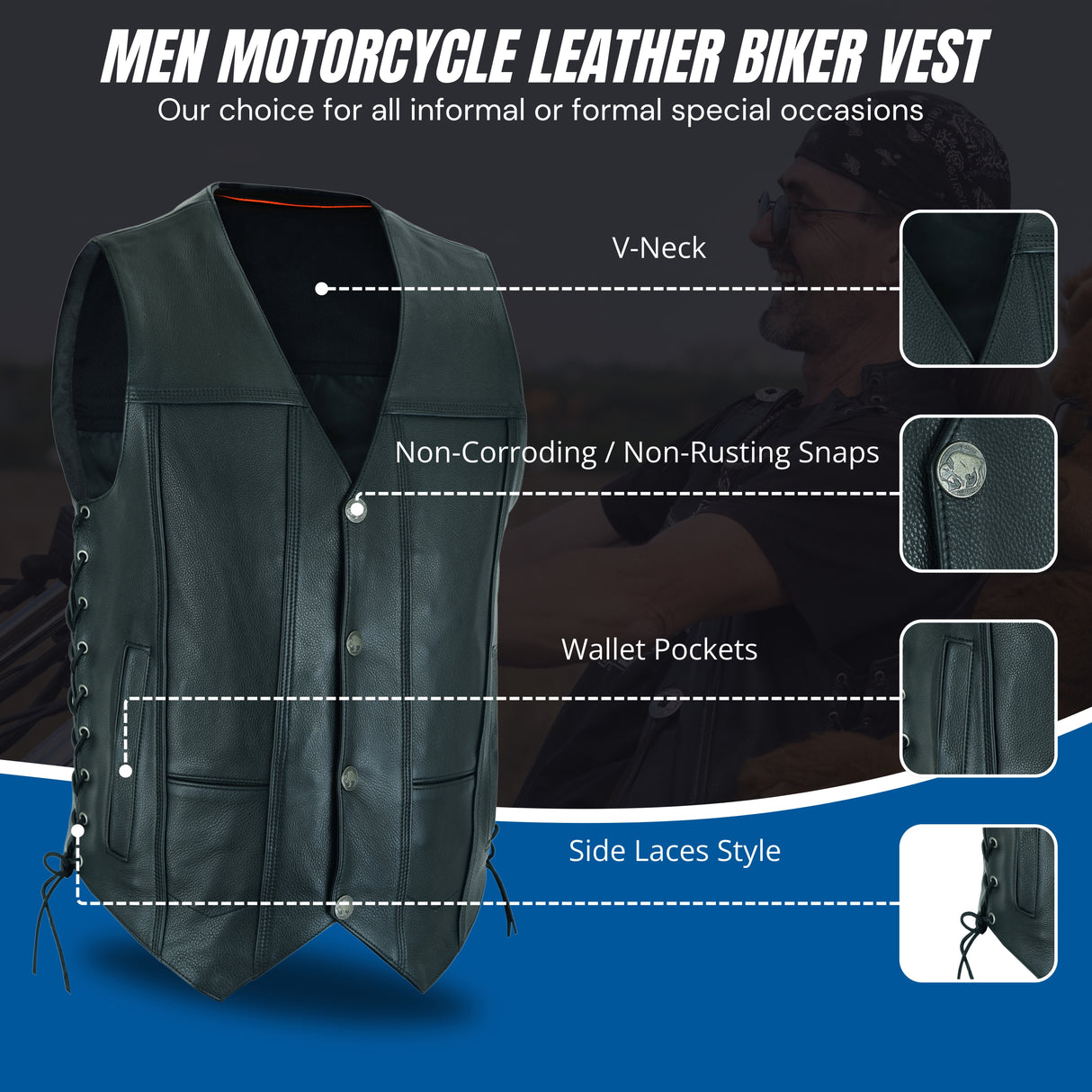 Men Motorcycle Covington Gun Pocket, Side Lace Leather Vest