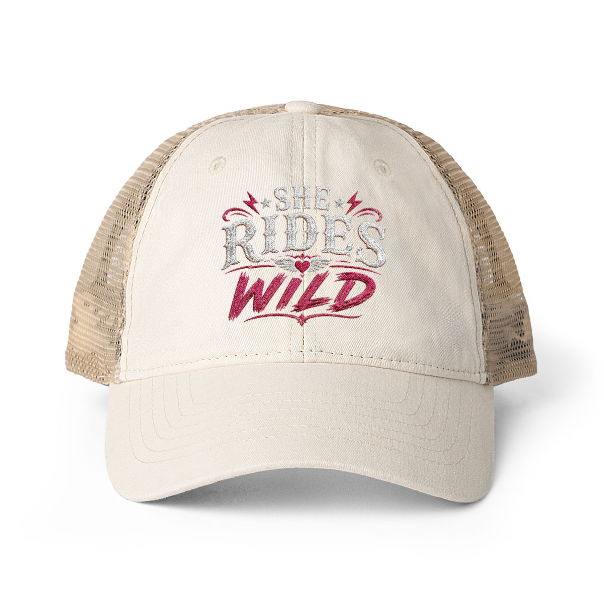 Women's Washed Mesh-Back Cap She Rides Wild Embroidered
