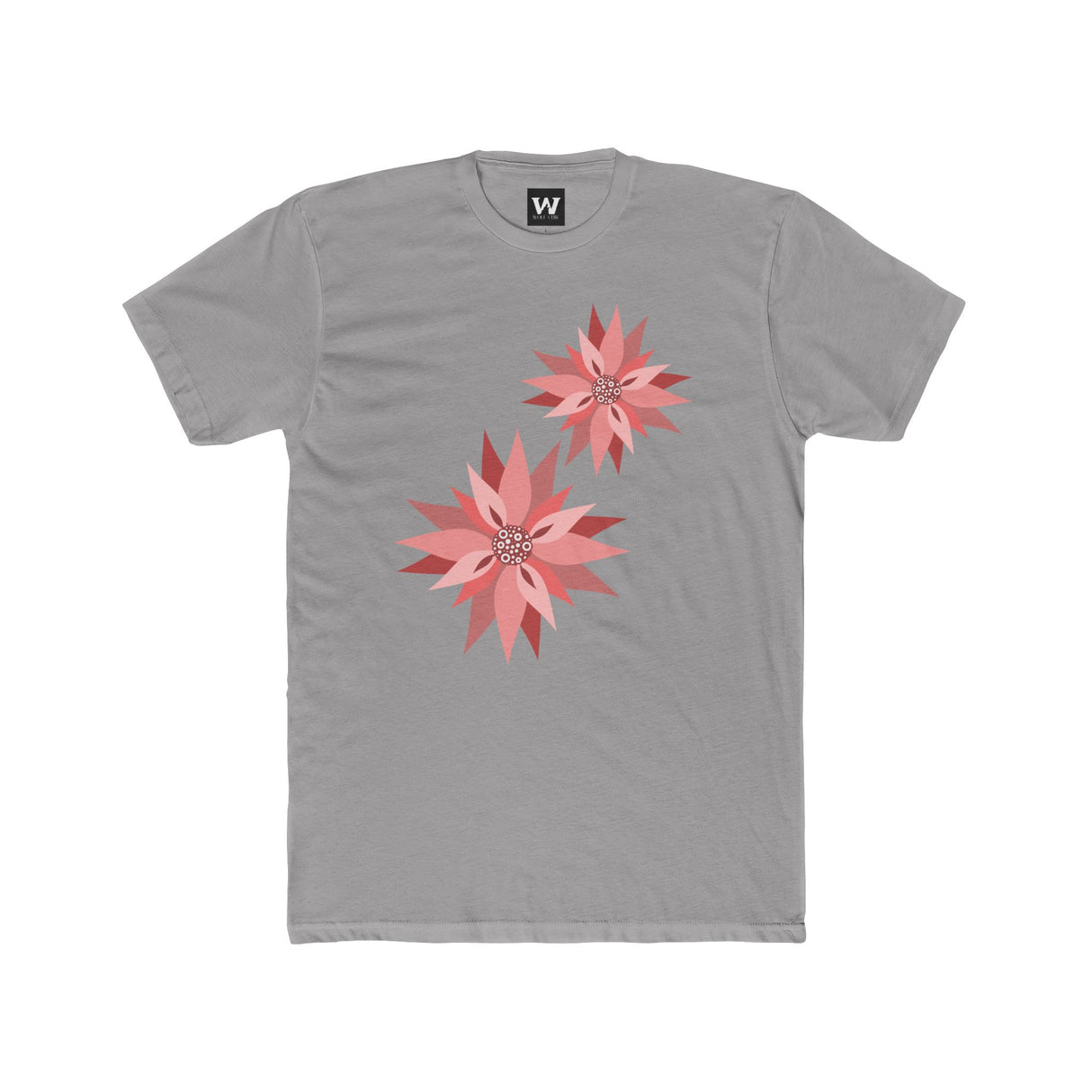 Heather grey crew-neck tee with two pink/red floral burst graphics on the front.