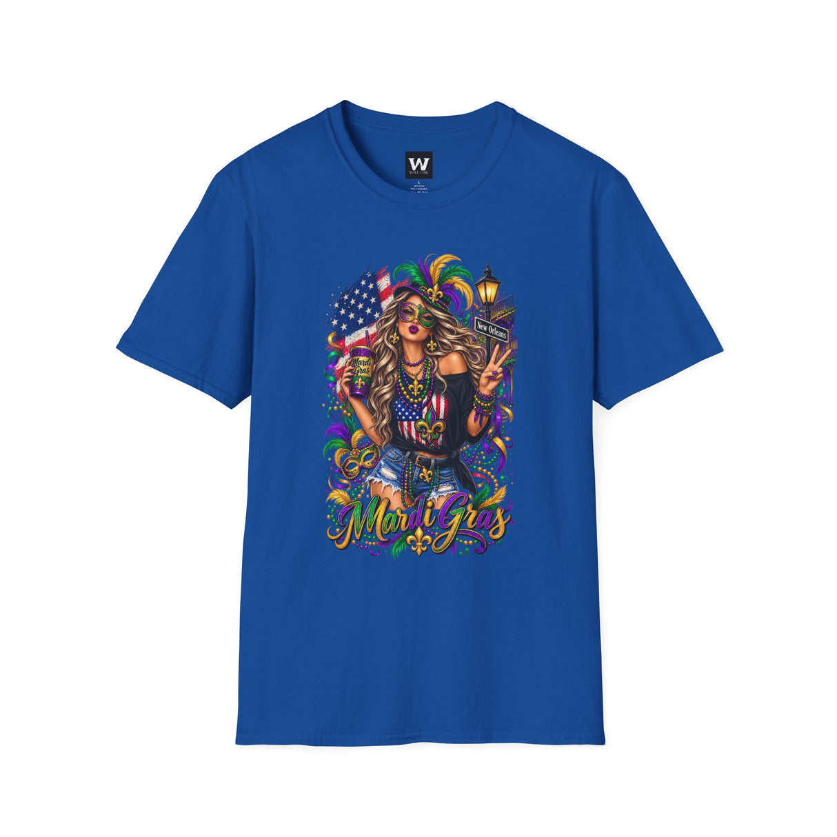 Royal blue Mardi Gras queen T-shirt with American flag and “Mardi Gras” script
