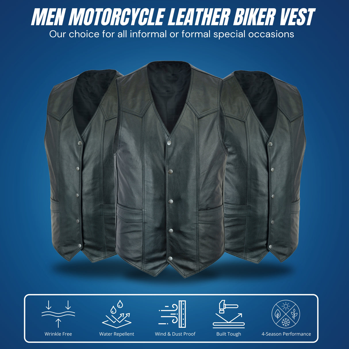 Men's Motorcycle Leather Vest - The Classic Plain Biker Vest
