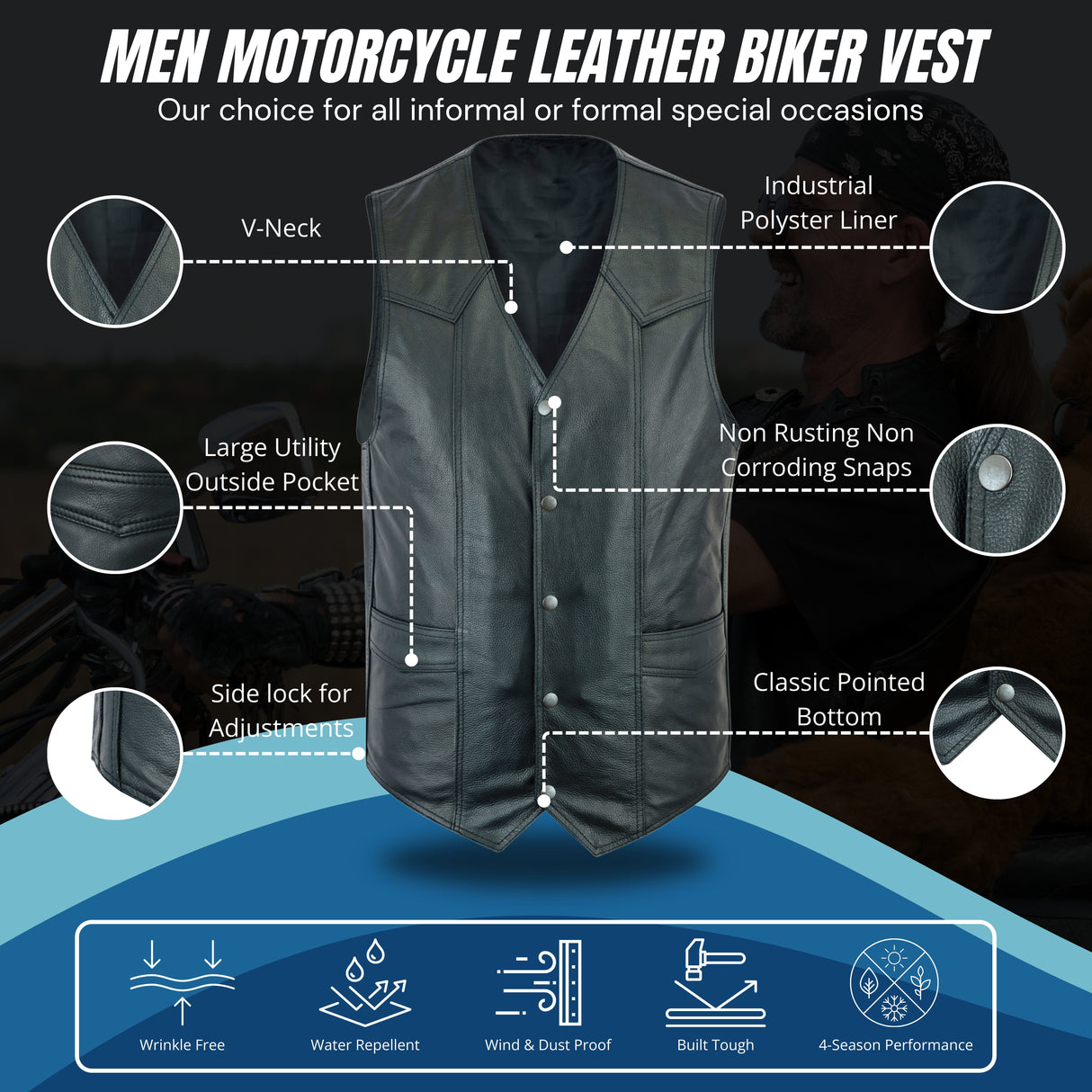 Men's Motorcycle Leather Vest - The Classic Plain Biker Vest