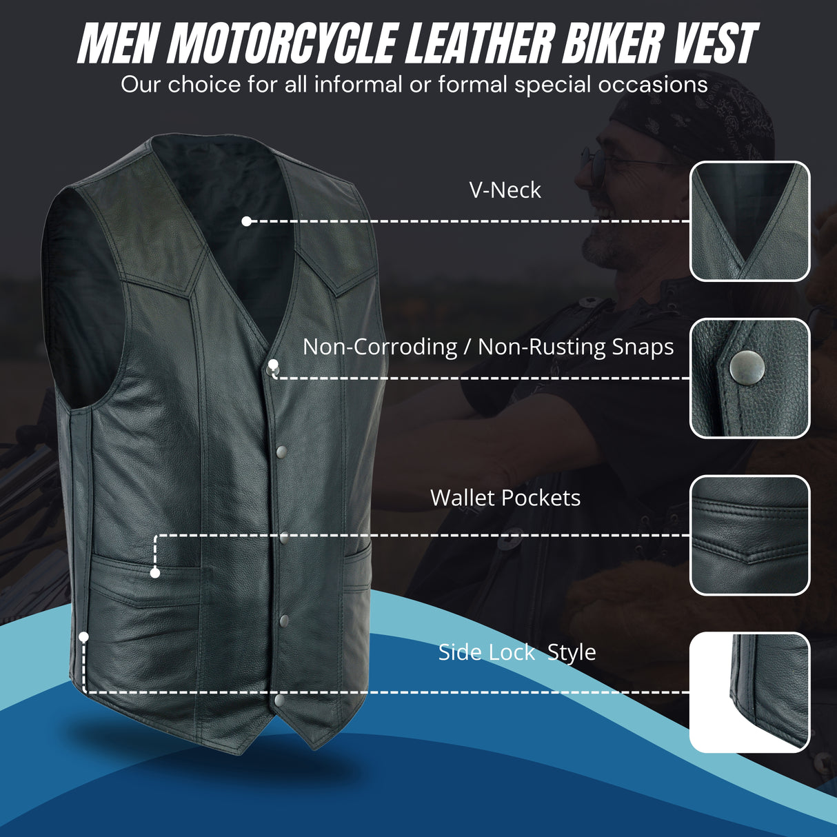 Men's Motorcycle Leather Vest - The Classic Plain Biker Vest