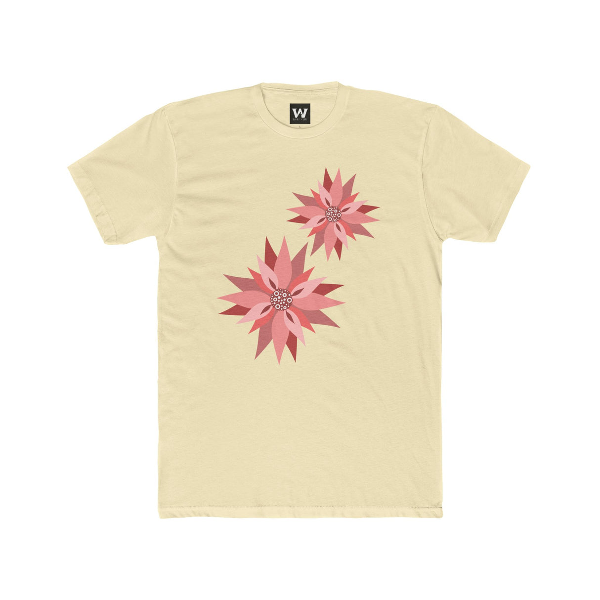 Cream crew-neck tee with two pink/red floral burst graphics on the front.