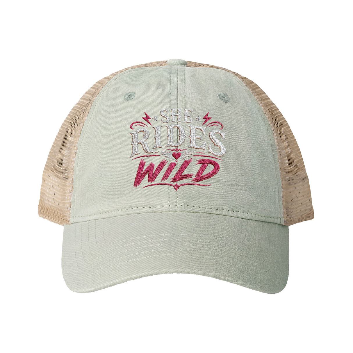 Women's Washed Mesh-Back Cap She Rides Wild Embroidered