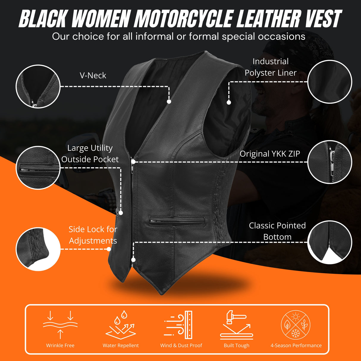 WCWV53541SPT Women rib stretch zipper front leather vest