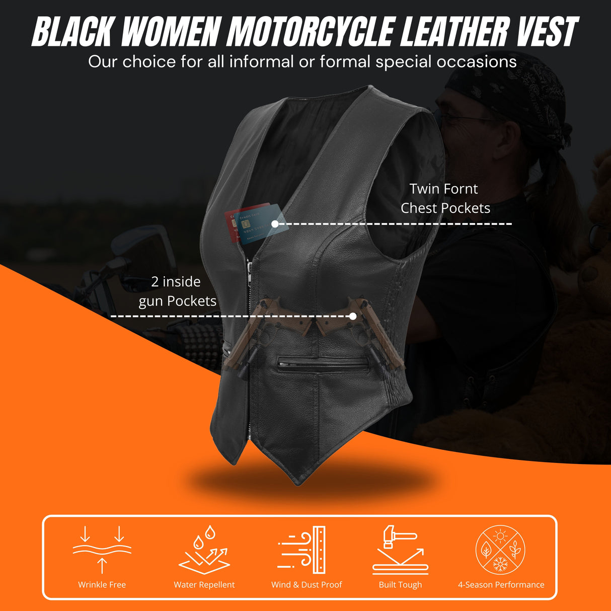 WCWV53541SPT Women rib stretch zipper front leather vest
