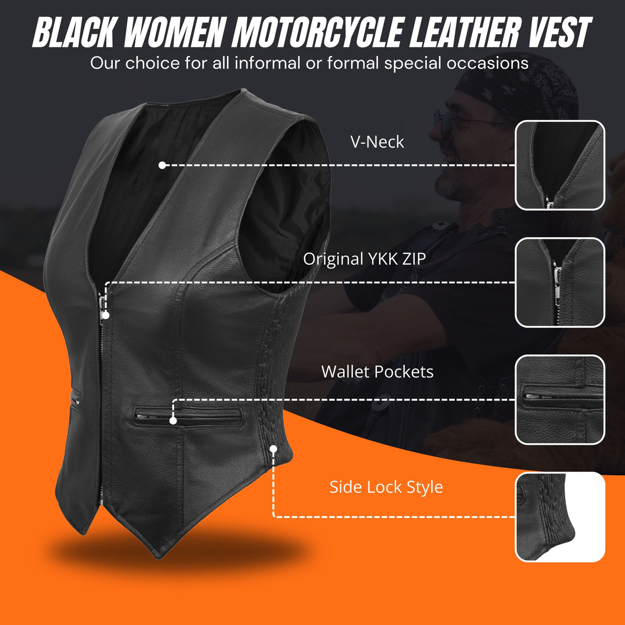 WCWV53541SPT Women rib stretch zipper front leather vest
