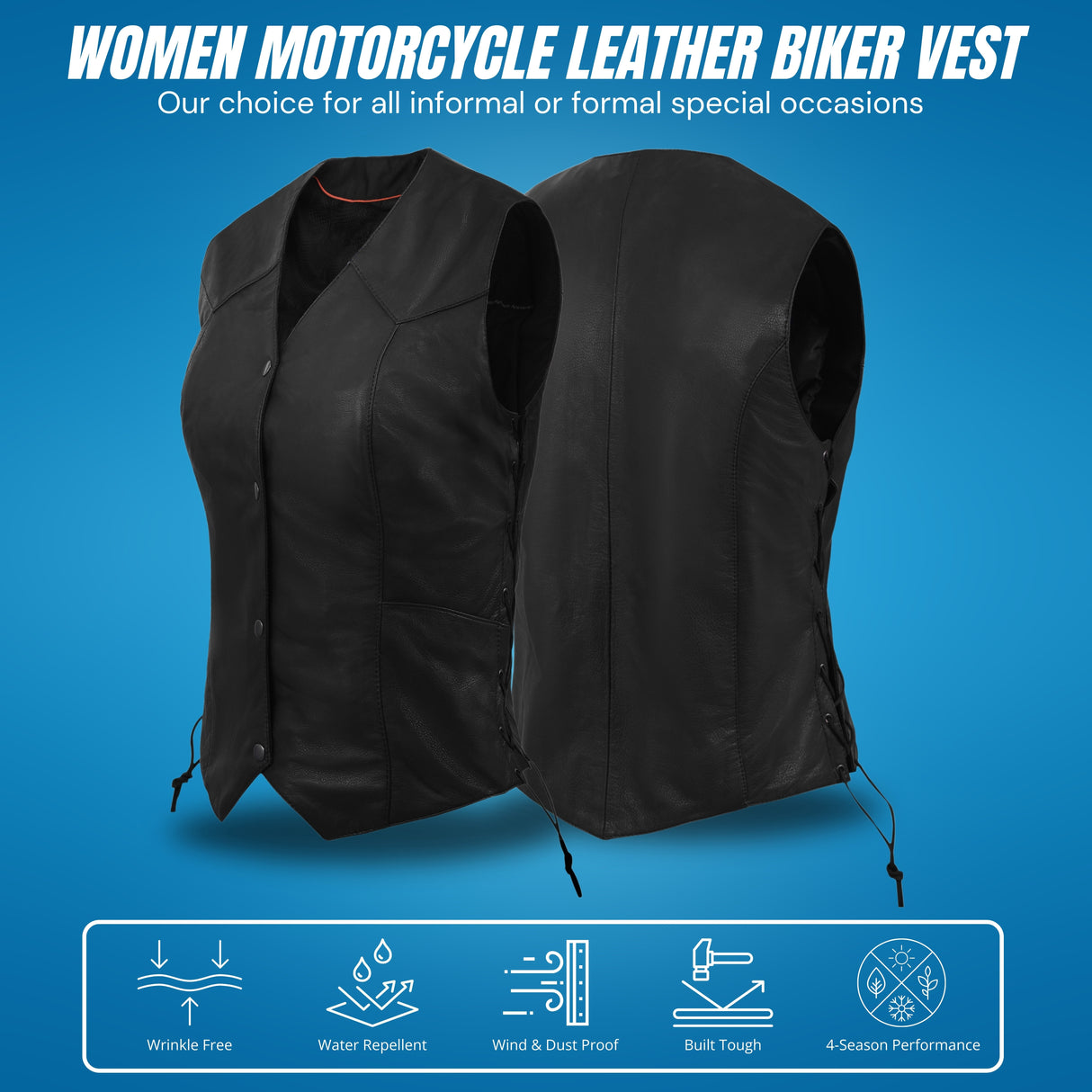 Women's Black Side Lace Classic Style Leather Vest