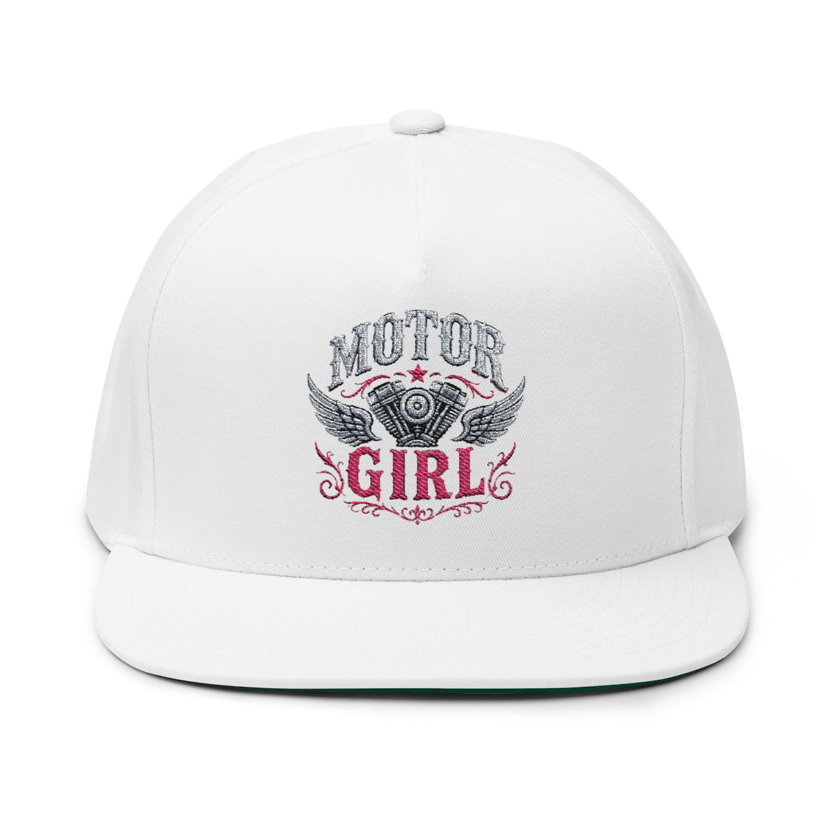 Motor Girl Embroidered Flat Bill Cap — Women's Biker Snapback Hat