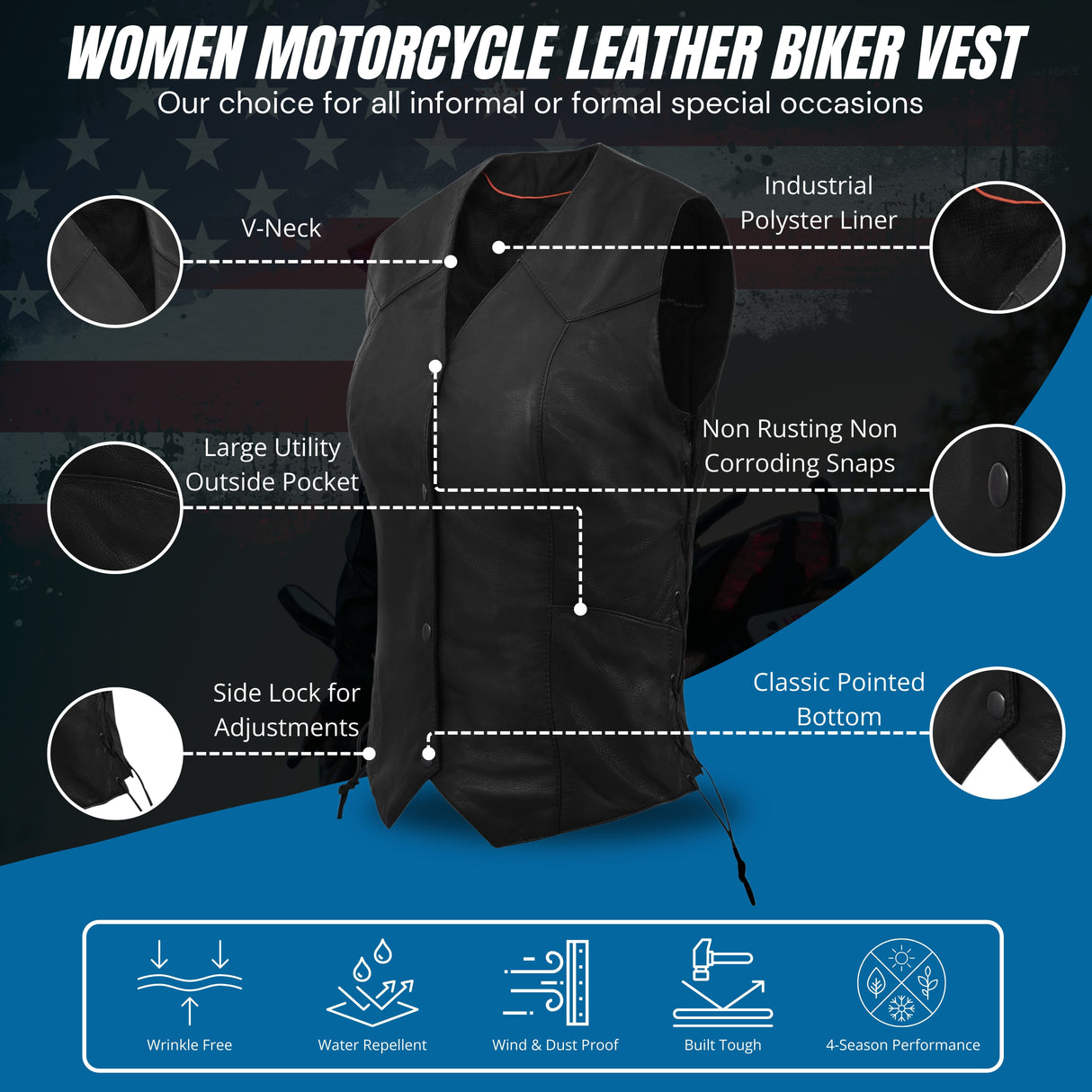 Women's Black Side Lace Classic Style Leather Vest