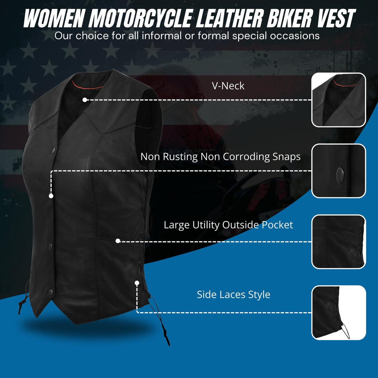 Women's Black Side Lace Classic Style Leather Vest
