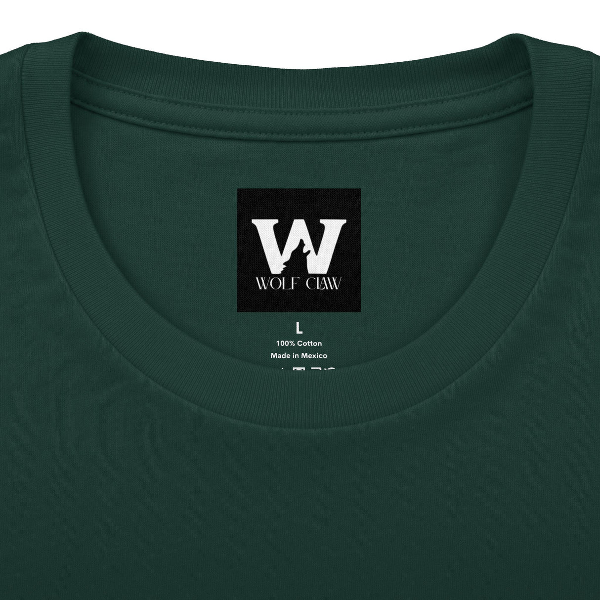 Deep green crew tee neckline close-up with WOLF CLAW logo and size L mark.