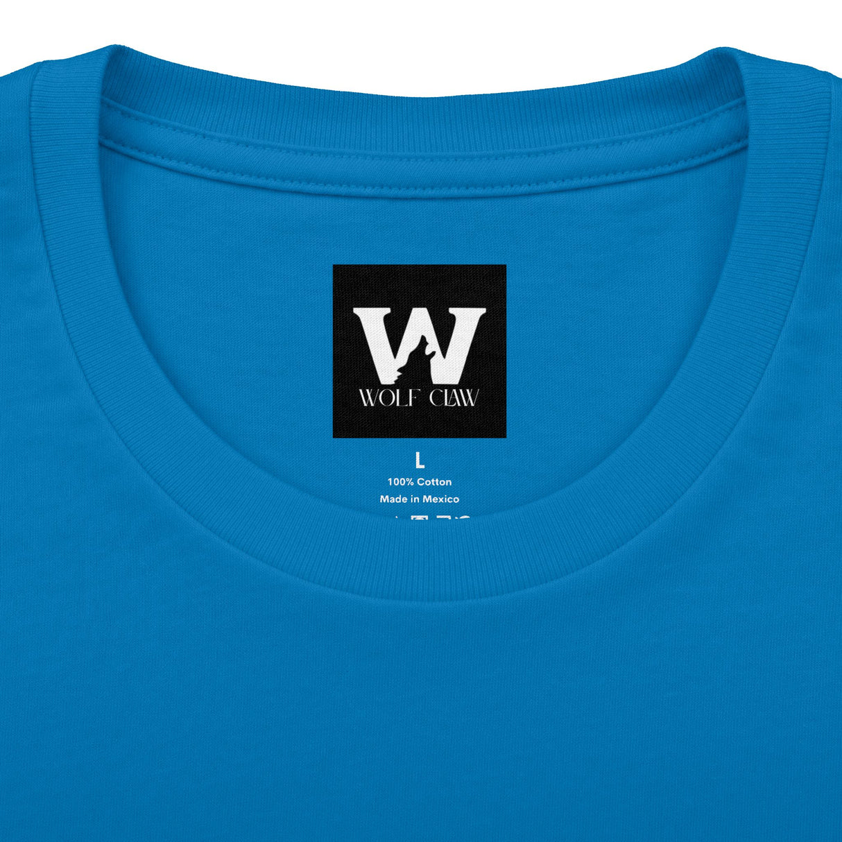 Blue crew neck T-shirt with WOLF CLAW logo at center front