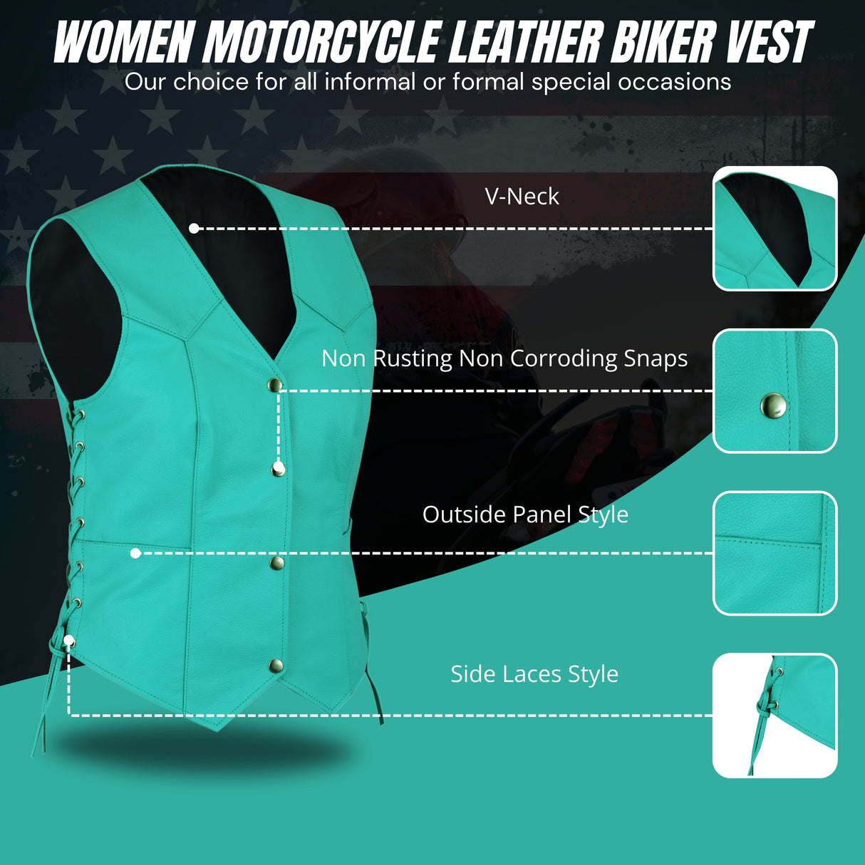Women's Teal color side laced with Gun pockets Leather Vest