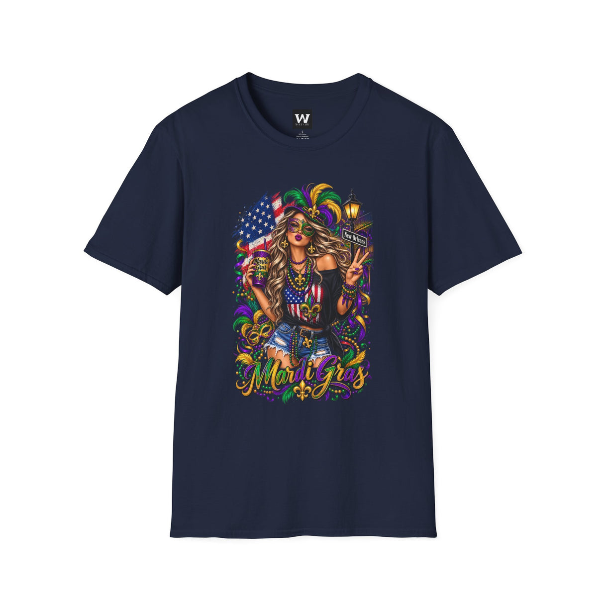 Navy Mardi Gras queen T-shirt with American flag and “Mardi Gras” script