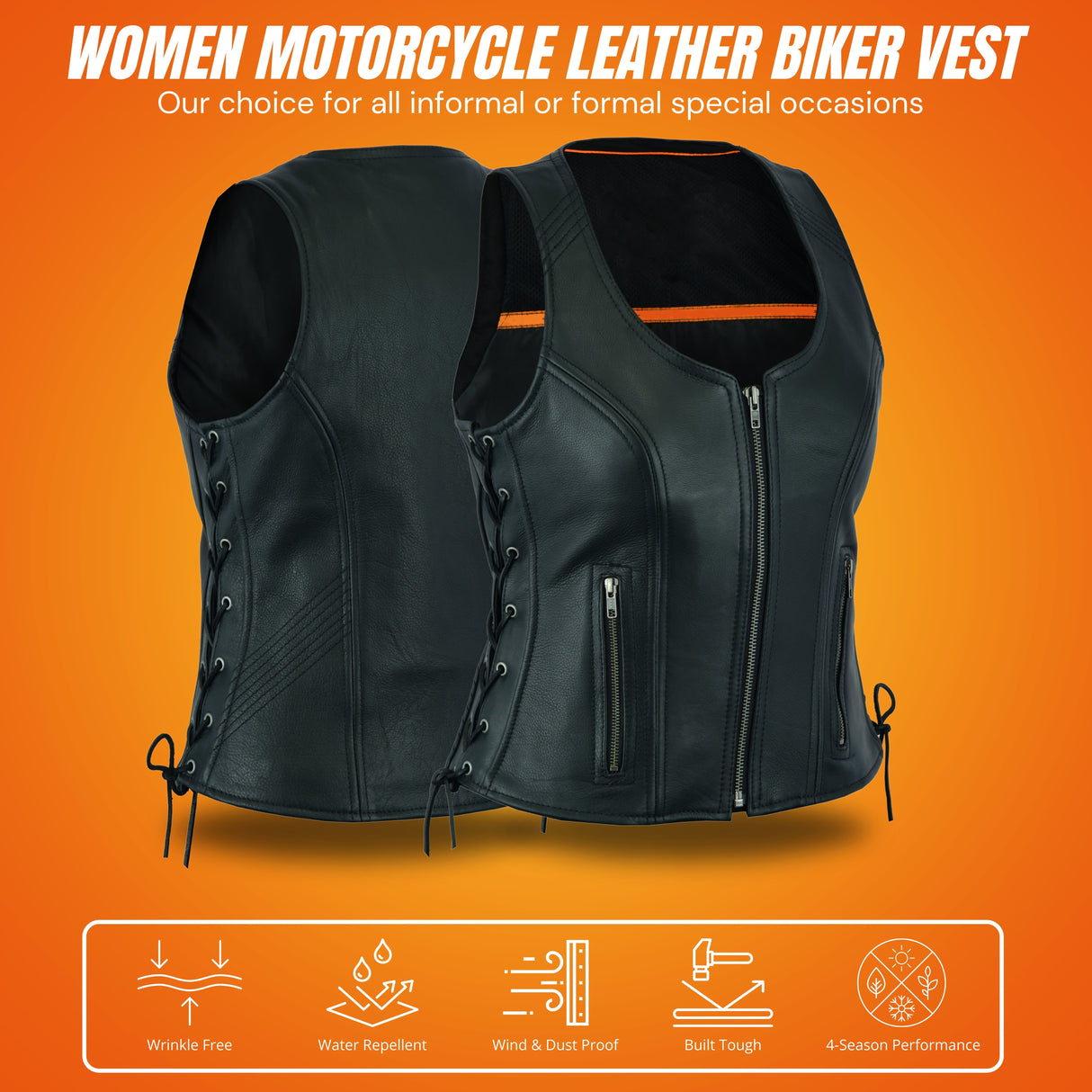 Women's Black ‘Open Neck’ Motorcycle Side Laces Leather Vest