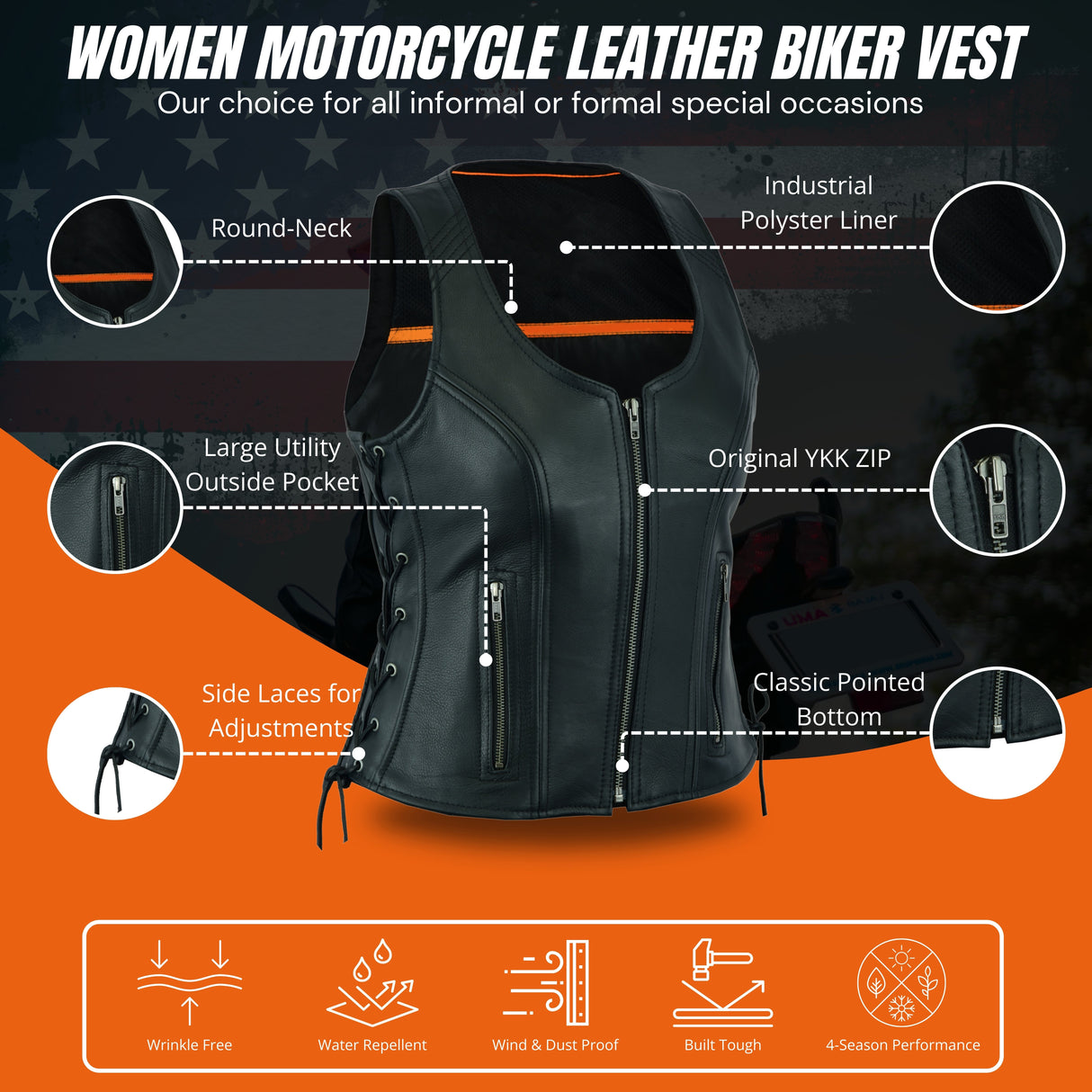 Women's Black ‘Open Neck’ Motorcycle Side Laces Leather Vest