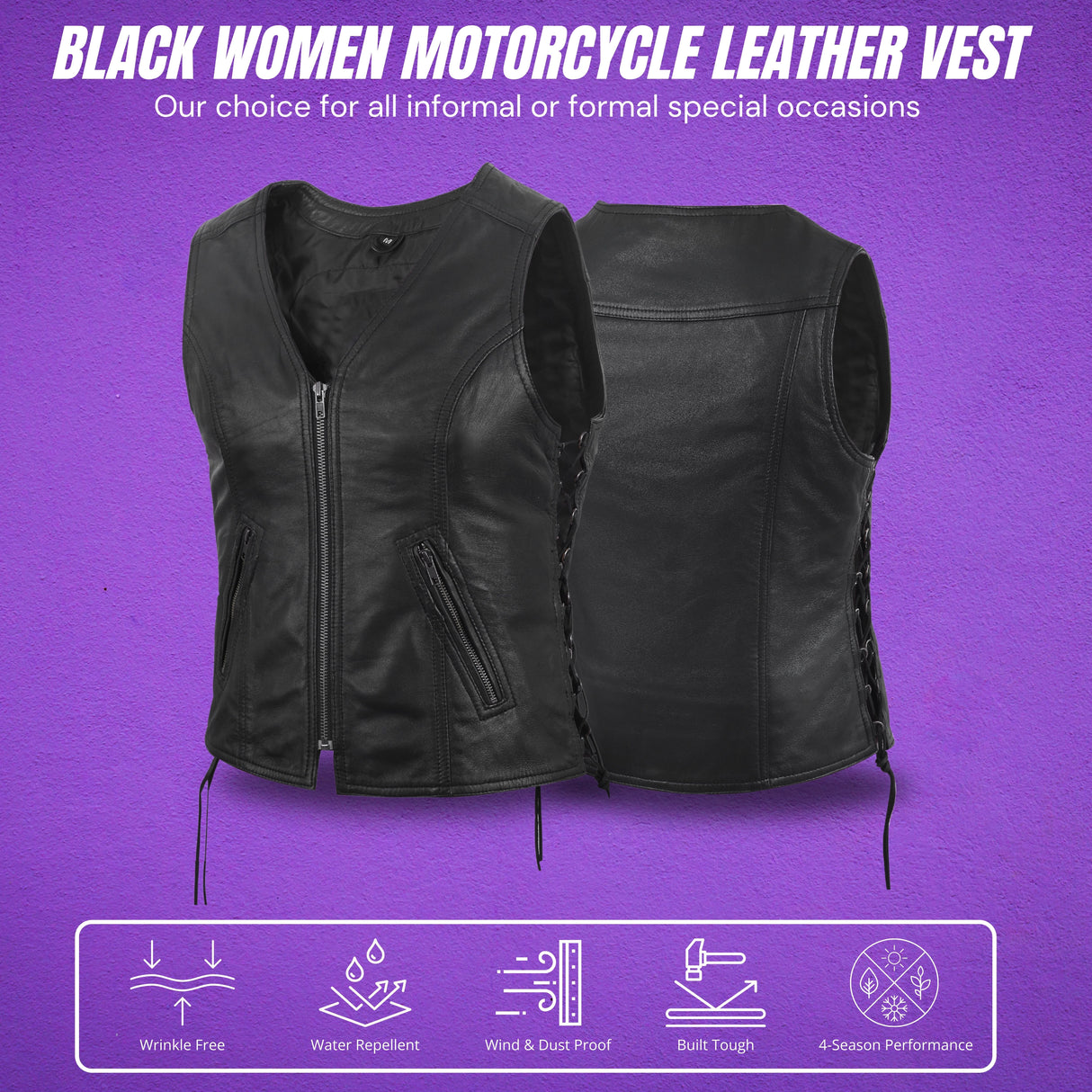 Women's Motorcycle Leather Vest Black Front Zipper side lace in Lamb Leather