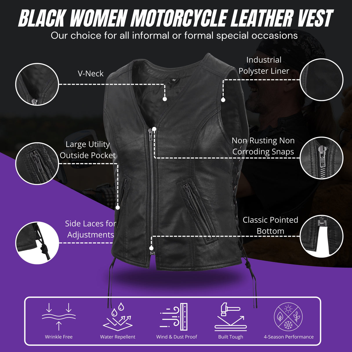 Women's Motorcycle Leather Vest Black Front Zipper side lace in Lamb Leather