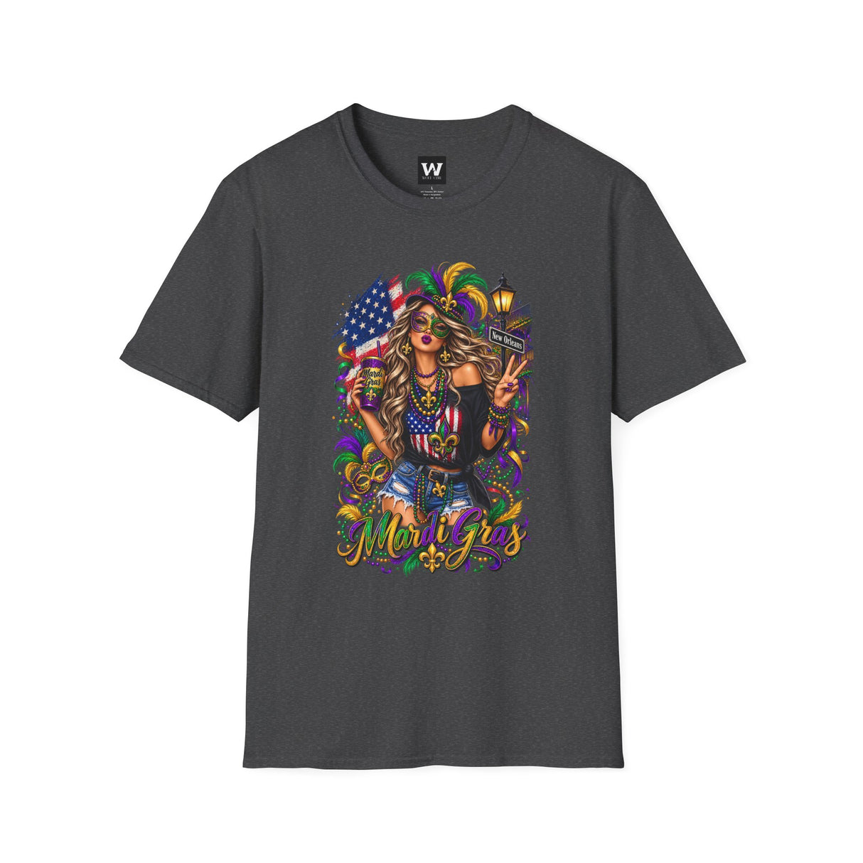 Dark gray Mardi Gras queen graphic T-shirt with American flag and “Mardi Gras” text