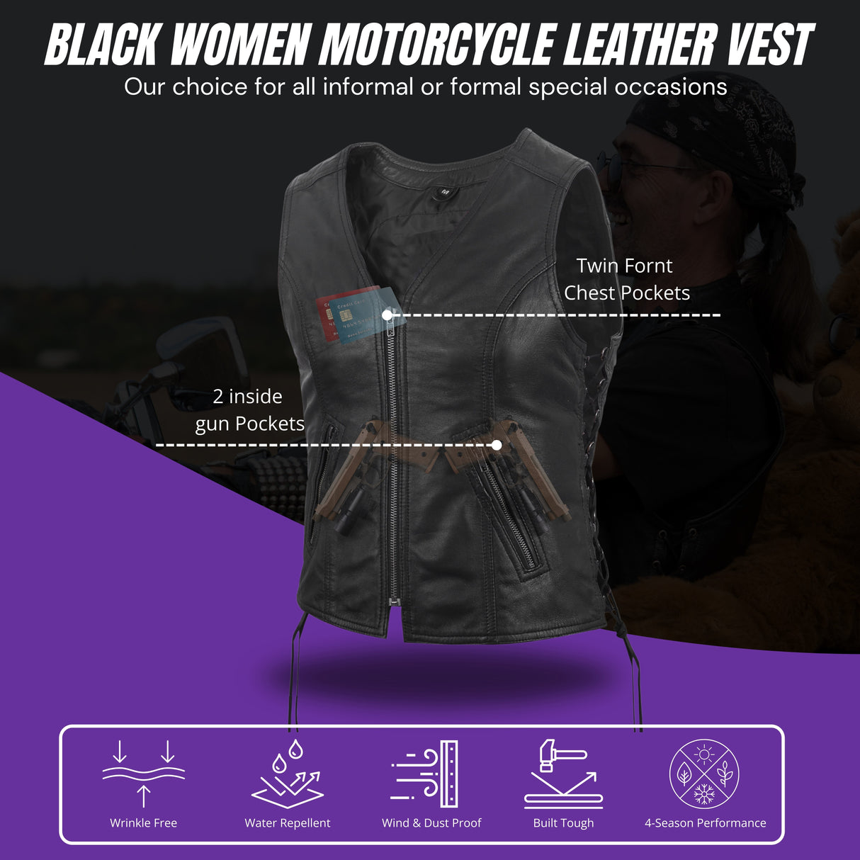 Women's Motorcycle Leather Vest Black Front Zipper side lace in Lamb Leather