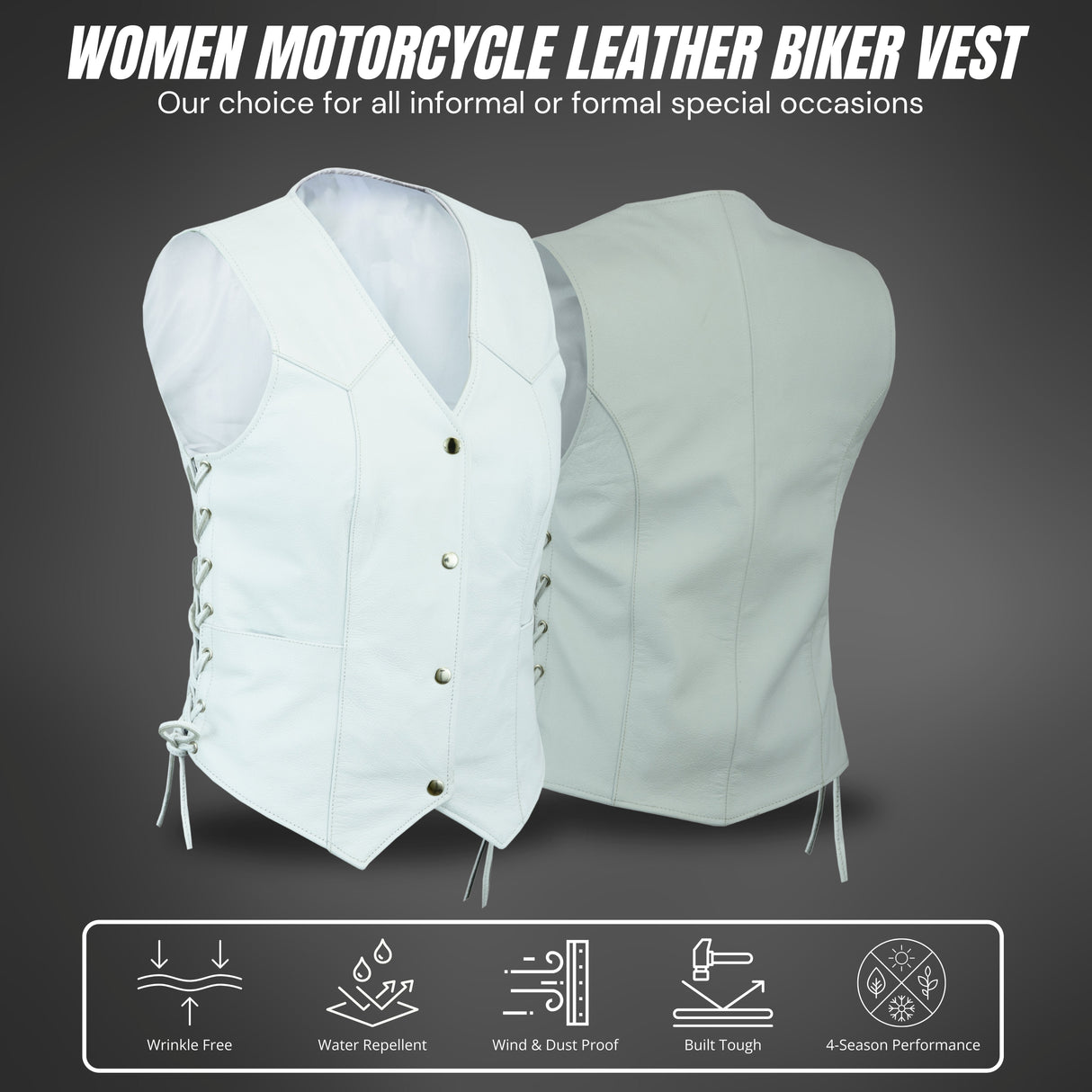 Women's White motorcycle Biker Club Concealed Carry Leather Vest