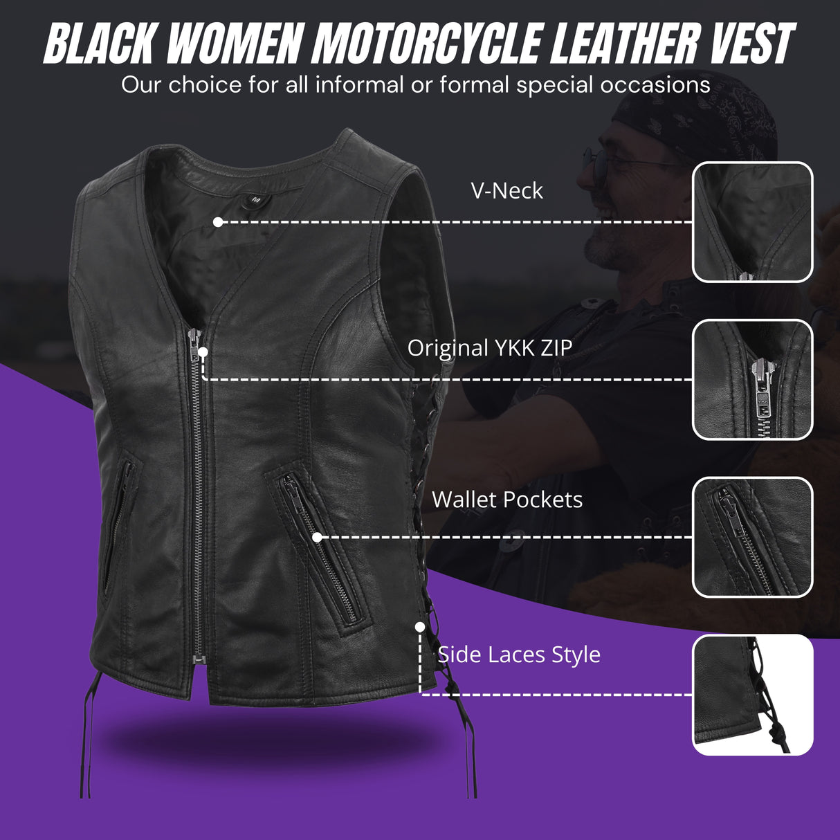 Women's Motorcycle Leather Vest Black Front Zipper side lace in Lamb Leather