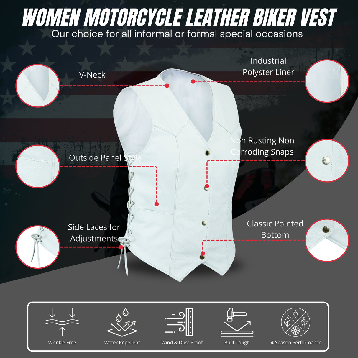 Women's White motorcycle Biker Club Concealed Carry Leather Vest