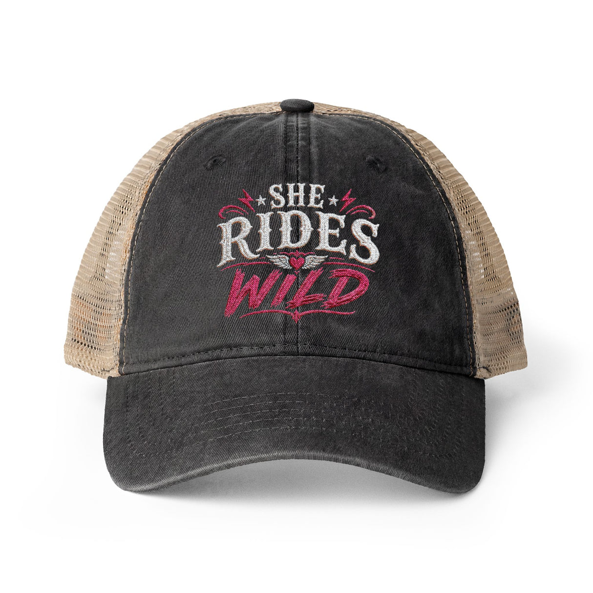 Women's Washed Mesh-Back Cap She Rides Wild Embroidered