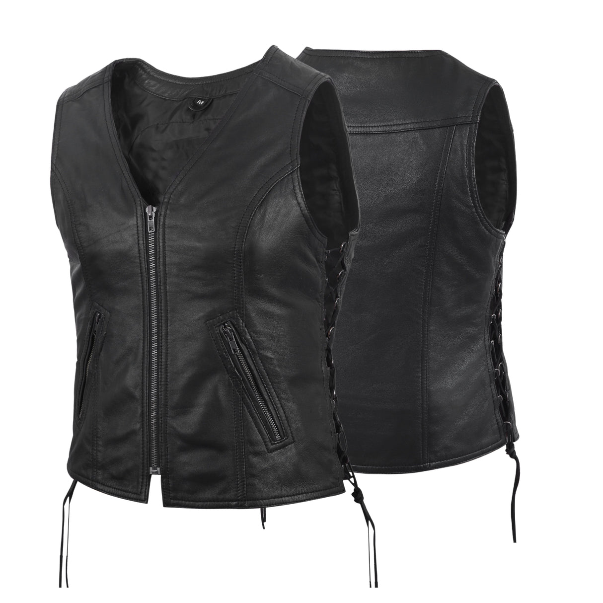 Women's Motorcycle Leather Vest Black Front Zipper side lace in Lamb Leather